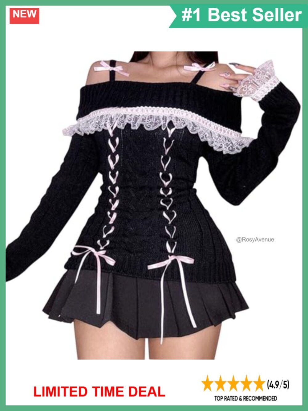 Women Y2K Off Shoulder Knit Sweater Lace Trim Bow Pullover
